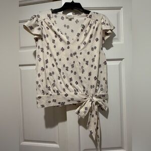 LOFT Cream Wrap Tie Front Cap Sleeve Blouse
